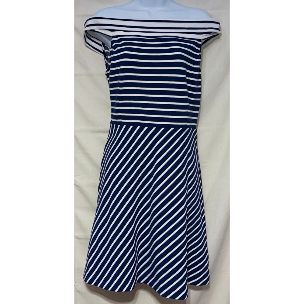 Vineyard Vines Off Shoulder Blue White Striped Back Zip Fit & Flare Dress S NWT